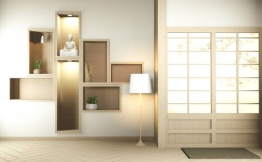 Rafta duvar odası zen tarzı ve dekorayon ahşap tasarımı, toprak tonlama 3D