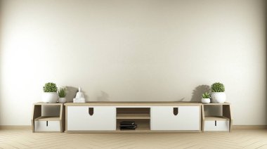 Televizyon dolabı ve Japon içlerini oturma odasında sergilemek. 3d oluşturma