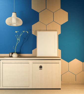 Mutfak sahnesi ahşap tezgah mutfağı ve koyu mavi oda altıgen fayans duvarıyla süslenmiş. 3B görüntüleme