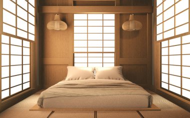 İç mimari Japonya Oda Tasarımı 'nı Japon tarzı tasarlıyor ve beyaz zemin kurgu için bir pencere sağlıyor. 3B görüntüleme