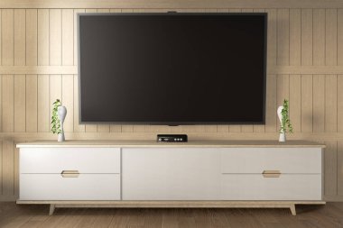 Dolap dekorunda boş siyah ekranlı akıllı TV Mockup. 3d oluşturma