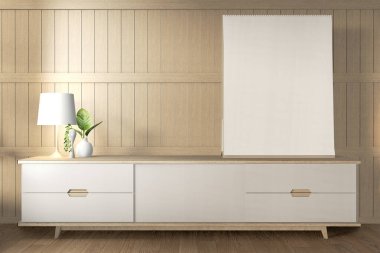 Dolap dekorunda boş siyah ekranlı akıllı TV Mockup. 3d oluşturma