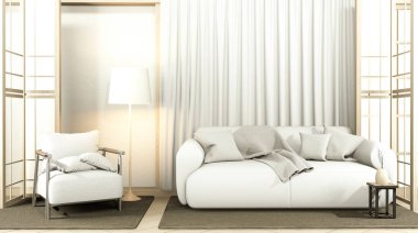 Modern Zen oturma odası, beyaz kanepe ve dekorasyon Japon tarzı beyaz duvar arka planı. 3d oluşturma
