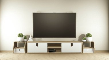 Modern boş odada ahşap dolapta televizyon ve beyaz zemin üzerinde Japon tarzı beyaz duvarlar. 3d oluşturma