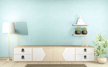 Modern boş odadaki televizyon dolabı Japonca - zen tarzı, minimal tasarımlar. 3B görüntüleme