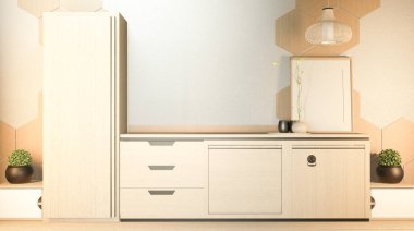 Mutfak sahnesi ahşap tezgah mutfağı ve beyaz oda altıgen fayans duvarıyla süslenmiş. 3B görüntüleme