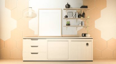 Mutfak sahnesi ahşap tezgah mutfağı ve beyaz oda altıgen fayans duvarıyla süslenmiş. 3B görüntüleme