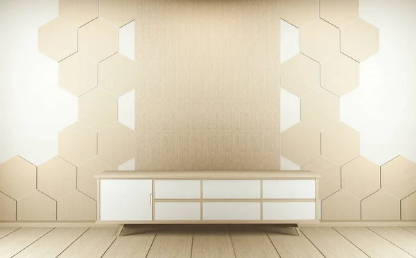 橱柜电视在白色空房间里日式 3D渲染 — 图库照片