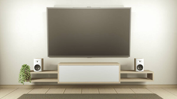 Кабинетный телевизор в белом пустом интерьере в японском стиле, 3D рендеринг
