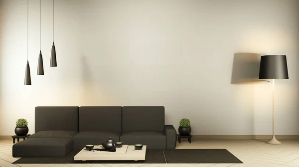 Burla Interior Con Sofá Negro Decoración Estilo Japonés Habitación Zen — Foto de Stock
