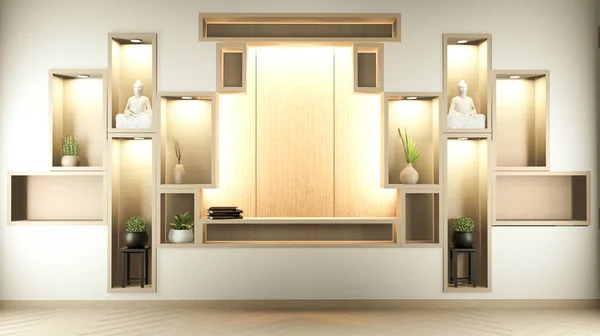 Ράφι Wall Room Zen Style Decoraion Ξύλινη Σχεδίαση Γήινη Απόχρωση — Φωτογραφία Αρχείου