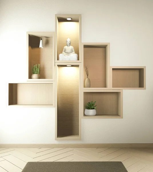 Shelf wall room zen style and decoraion wooden design, earth tone.3D rendering