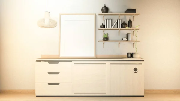 Kitchen room scene mock up with wooden counter kitchen and decoration on white room empty wall.3D rendering