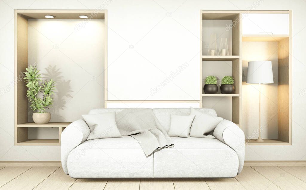 Modern Zen living room interior, white sofa and decor Japanese style on room white wall background. 3d rendering