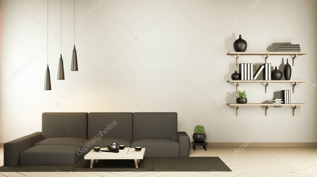Interior mock up with black sofa and decoration japanese style on zen room. 3D rendering