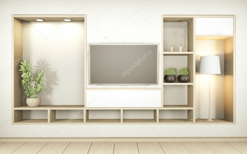 Shelf wall room zen style and decoraion wooden design, earth tone.3D rendering