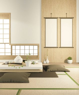 Alçak masa ve yastık iç kısmı Çin tarzı iç mekan. 3B görüntüleme