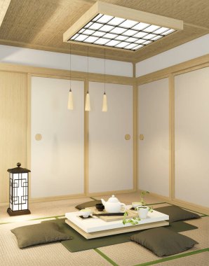 Japon tarzı oturma odası için kanepeli tropik iç dizayn. 3B görüntüleme