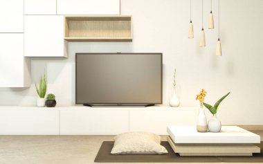 Kabin görevlisi ve alçak masa iç mimarisi Çin tarzı iç dekorasyon yapıyor. 3B görüntüleme