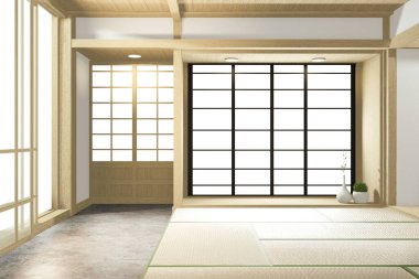 Boş büyük oda Japon tropikal tarzı. 3B görüntüleme