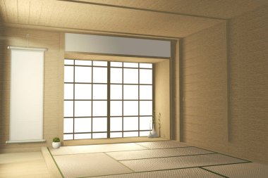 Boş büyük oda Japon tropikal tarzı. 3B görüntüleme