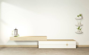 Boş tropikal odadaki televizyon dolabı Japon Zen tarzı, minimal tasarımlar. 3B görüntüleme