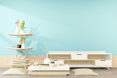 Japon naneli şeker odasındaki televizyon dolabı. Zen tarzı, minimal tasarımlar. 3B görüntüleme