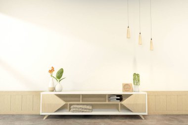 Boş tropikal odadaki televizyon dolabı Japon Zen tarzı, minimal tasarımlar. 3B görüntüleme