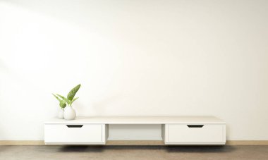 Boş tropikal odadaki televizyon dolabı Japon Zen tarzı, minimal tasarımlar. 3B görüntüleme