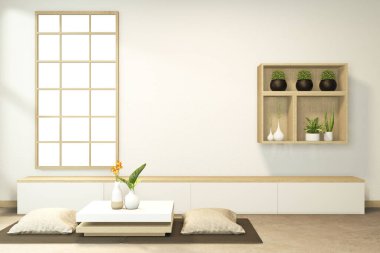 Kabin görevlisi ve alçak masa iç mimarisi Çin tarzı iç dekorasyon yapıyor. 3B görüntüleme