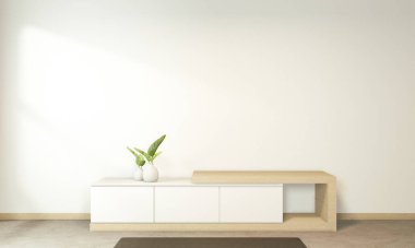 Boş tropikal odadaki televizyon dolabı Japon Zen tarzı, minimal tasarımlar. 3B görüntüleme