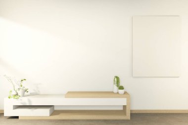 Boş tropikal odadaki televizyon dolabı Japon Zen tarzı, minimal tasarımlar. 3B görüntüleme