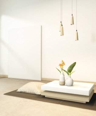 Alçak masa ve yastık iç kısmı Çin tarzı iç mekan. 3B görüntüleme