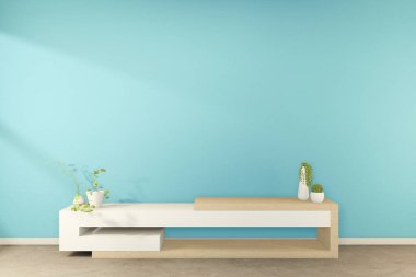 Japon naneli şeker odasındaki televizyon dolabı. Zen tarzı, minimal tasarımlar. 3B görüntüleme