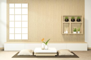 Kabin görevlisi ve alçak masa iç mimarisi Çin tarzı iç dekorasyon yapıyor. 3B görüntüleme