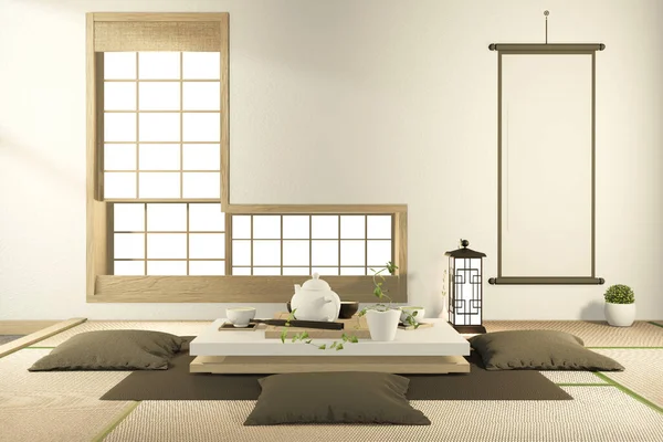 Niedrige Tisch Und Kissen Interieur Attrappe Chinesischen Stil Zimmer Interieur — Stockfoto