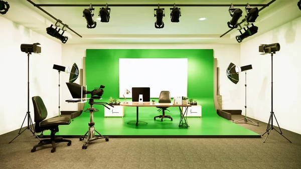 ニューススタジオの白い部屋のデザインテレビ番組のための背景 3Dレンダリング — ストック写真