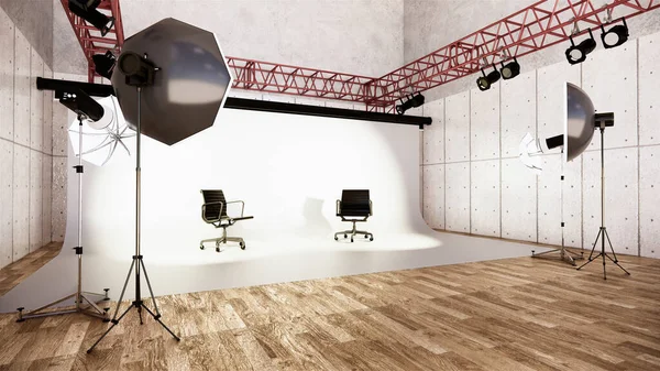 Studio Moderní Filmové Studio Bílou Obrazovkou Vykreslování — Stock fotografie