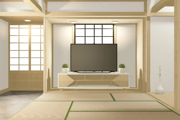 Fernsehschrank Tropischen Leeren Raum Japanisch Zen Stil Minimalistisches Design Rendering — Stockfoto