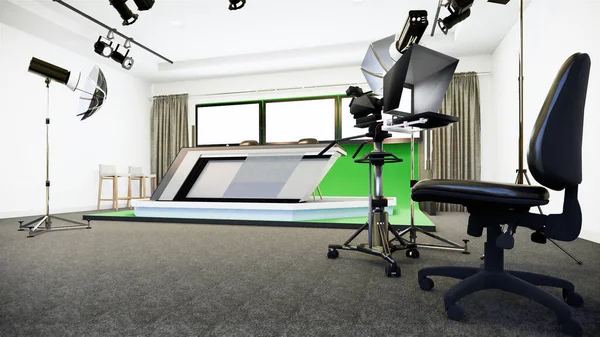 ニューススタジオの白い部屋のデザインテレビ番組のための背景 3Dレンダリング — ストック写真