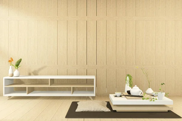 Fernsehschrank Tropischem Minzzimmer Japanisch Zen Stil Minimalistisches Design Rendering — Stockfoto