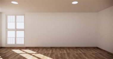 Ahşap döşeme iç tasarımında boş oda beyaz iç tasarımı. 3B görüntüleme