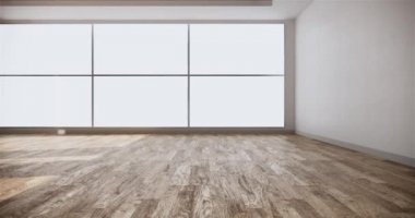 Ahşap döşeme iç tasarımında boş oda beyaz iç tasarımı. 3B görüntüleme