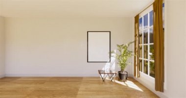 Ahşap döşeme iç tasarımında boş oda beyaz iç tasarımı. 3B görüntüleme