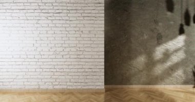 Ahşap döşeme iç tasarımında boş oda beyaz iç tasarımı. 3B görüntüleme