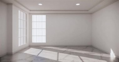 Ahşap döşeme iç tasarımında boş oda beyaz iç tasarımı. 3B görüntüleme