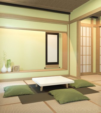 Nihon yeşil oda tasarımı. Kapısı kağıt ve dolap rafı. Tatami paspas odası japon tarzı. 3B görüntüleme