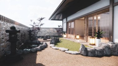 Japon bahçesinin tropikal dış tasarımı japan tarzı 3D