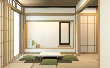 Nihon oda tasarımı, kapı kağıdı ve dolap raf duvarı, Tatami paspas odası japon tarzı. 3B görüntüleme