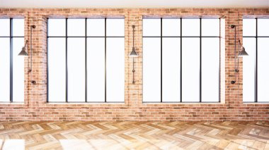 Boş - Oturma odası beyaz tuğla duvar çatı katı tarzı iç tasarım. 3B Hazırlama